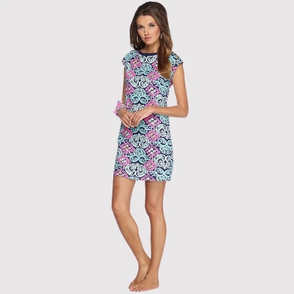 Lilly Pulitzer Robyn T-Shirt Dress Womens M Blue Pink Studded Shoulder